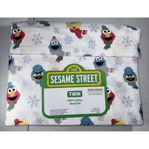 Sesame Street Christmas Twin Bed Sheets, Elmo, Big Bird, Oscar, Cookie, NEW